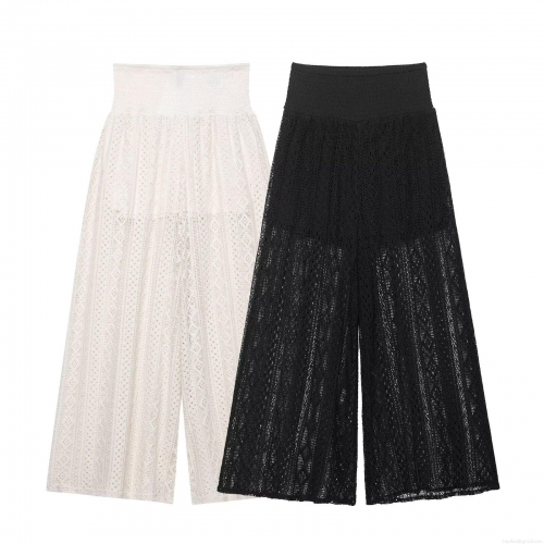 Women Fashion Lace Wide Leg Pants High Waist Loose Casual Straight Trousers Crochet Hollow Out Polyester Long Pants For Women Elegant Streetwear