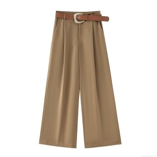 Women's High Waist Wide Leg Casual Pants With Belt Solid Color Polyester Satin Texture Elegant Office Straight Trousers For Women Classy Daily Wear