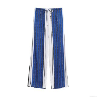 Women's Vertical Stripe Wide Leg Pants High Waist Drawstring Polyester Casual Trousers for Daily Summer Lounge Loose Fit Comfortable Pants