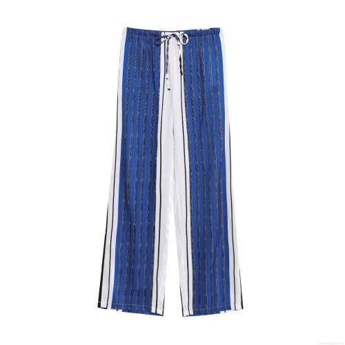 Women's Vertical Stripe Wide Leg Pants High Waist Drawstring Polyester Casual Trousers for Daily Summer Lounge Loose Fit Comfortable Pants