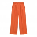 Women's High Waisted Wide Leg Trousers Solid Orange Straight Pleated Front Crease Casual Office Business Pants Polyester Long Trousers For Women