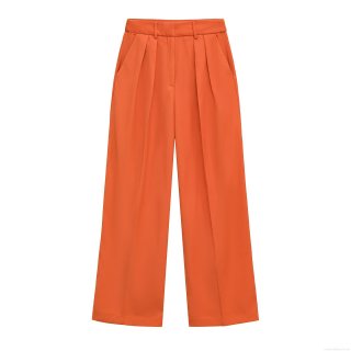 Women's High Waisted Wide Leg Trousers Solid Orange Straight Pleated Front Crease Casual Office Business Pants Polyester Long Trousers For Women