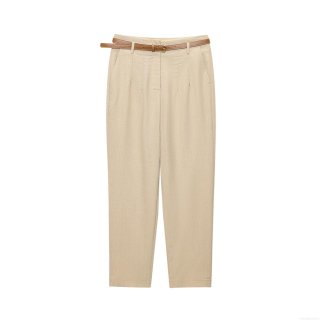 Women's High Waist Straight Leg Casual Pants With Brown Belt Khaki Summer Vacation Cotton Linen Blend Trousers For Women Elegant Office Trousers