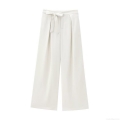 Women High Waist Wide Leg Trousers Elegant Polyester Twill Fabric Tied Bow Belt Solid Creamy White Casual Office Workwear Fashion Loose Full Length Pants