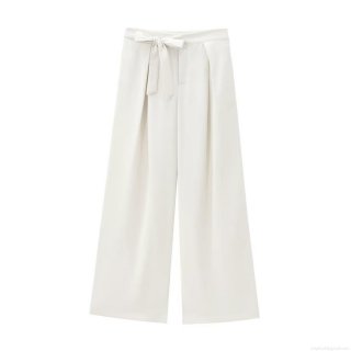 Women High Waist Wide Leg Trousers Elegant Polyester Twill Fabric Tied Bow Belt Solid Creamy White Casual Office Workwear Fashion Loose Full Length Pants
