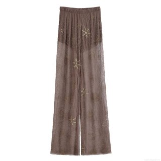 Women's Bohemian Mesh Sequin Beaded Wide Leg Pants High Waist Sheer Trousers With Short Lining For Women Party Glamour Streetwear
