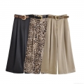 Women's High Waist Wide Leg Pants With Belt Elegant Satin 100% Polyester Leopard Print Khaki Black Office Casual Trousers Comfortable Straight Leg Fashion Pants