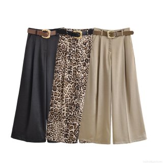 Women's High Waist Wide Leg Pants With Belt Elegant Satin 100% Polyester Leopard Print Khaki Black Office Casual Trousers Comfortable Straight Leg Fashion Pants