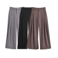 Women's High Waist Wide Leg Pants Casual Solid Color Double Pleated Trousers Elegant Office Lady Polyester Straight Long Pants INS Fashion
