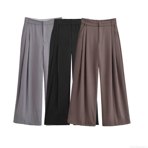 Women's High Waist Wide Leg Pants Casual Solid Color Double Pleated Trousers Elegant Office Lady Polyester Straight Long Pants INS Fashion