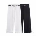 Elegant Women's High Waist Wide Leg Pants With Black Leather Belt Cuffed Hem Office Work Polyester Trousers Casual Straight Leg Bottoms