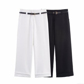 Elegant Women's High Waist Wide Leg Pants With Black Leather Belt Cuffed Hem Office Work Polyester Trousers Casual Straight Leg Bottoms