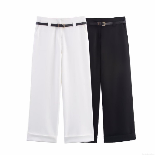 Elegant Women's High Waist Wide Leg Pants With Black Leather Belt Cuffed Hem Office Work Polyester Trousers Casual Straight Leg Bottoms