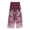 Women's Floral Print Wide Leg Pants Gradient Color High Waist Chiffon Casual Loose Long Trousers With Pockets Fashion Elegant Streetwear For Summer Spring