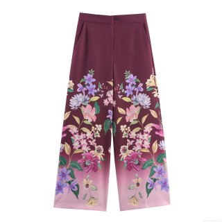Women's Floral Print Wide Leg Pants Gradient Color High Waist Chiffon Casual Loose Long Trousers With Pockets Fashion Elegant Streetwear For Summer Spring