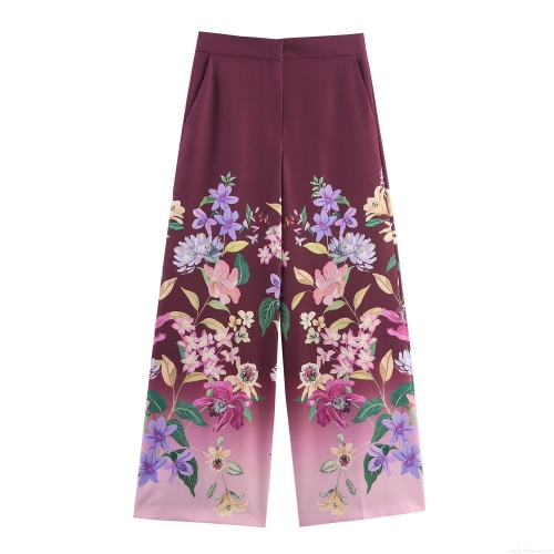 Women's Floral Print Wide Leg Pants Gradient Color High Waist Chiffon Casual Loose Long Trousers With Pockets Fashion Elegant Streetwear For Summer Spring