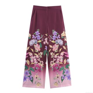 Women's Fashion Floral Print Wide Leg Pants High Waist Polyester Gradient Long Trousers For Casual Vacation Summer Spring Breathable Comfortable Bottoms