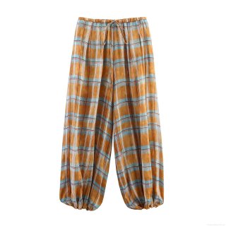 Women's Casual Plaid Lantern Pants High Waist Drawstring Tapered Trousers Polyester Ramie Blend Loose Fitting Checkered Harem Pants For Daily Travel Spring Summer Fashion Clothing