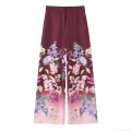 Women's Fashion Floral Print Wide Leg Pants High Waist Burgundy Gradient Straight Trousers For Casual Vacation Party Ladies Clothing
