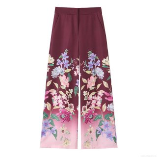 Women's Fashion Floral Print Wide Leg Pants High Waist Burgundy Gradient Straight Trousers For Casual Vacation Party Ladies Clothing