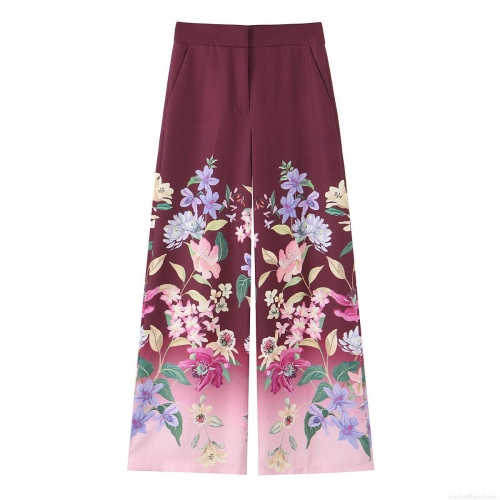 Women's Fashion Floral Print Wide Leg Pants High Waist Burgundy Gradient Straight Trousers For Casual Vacation Party Ladies Clothing