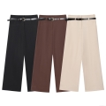 Women's High Waist Wide Leg Pants With Belt Elegant Cuffed Hem Solid Color Polyester Trousers For Office Casual Daily Wear Long Pants