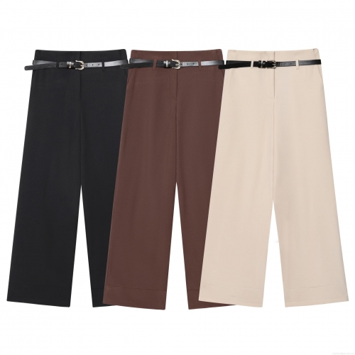 Women's High Waist Wide Leg Pants With Belt Elegant Cuffed Hem Solid Color Polyester Trousers For Office Casual Daily Wear Long Pants
