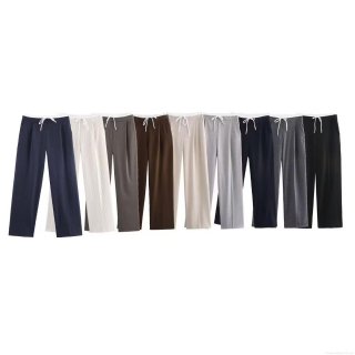 Women High Waist Wide Leg Pants Polyester Drawstring Casual Trousers For Office Work Daily Loose Fit Straight Leg Striped Lounge Pants