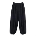 Women's Casual Black Lace Lantern Pants High Waist See-Through Mesh Balloon Trousers With Elastic Cuffed Ankles For Party Vacation Fashion Bottoms