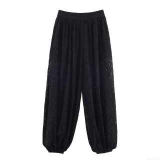 Women's Casual Black Lace Lantern Pants High Waist See-Through Mesh Balloon Trousers With Elastic Cuffed Ankles For Party Vacation Fashion Bottoms