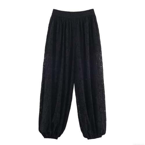 Women's Casual Black Lace Lantern Pants High Waist See-Through Mesh Balloon Trousers With Elastic Cuffed Ankles For Party Vacation Fashion Bottoms