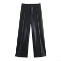 High Waisted Women's Faux Leather Wide Leg Pants Fleece Lined Solid Color PU Leather Straight Leg Trousers For Daily Office Casual