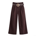 Women's High Waist Wide Leg Trousers With Belt Retro Brown Solid Color Casual Loose Fit Long Pants For Office Commute
