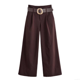 Women's High Waist Wide Leg Trousers With Belt Retro Brown Solid Color Casual Loose Fit Long Pants For Office Commute