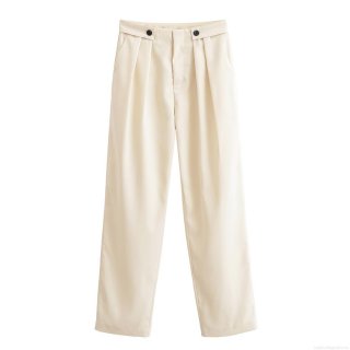 Women's High Waist Casual Trousers 100% Polyester Woven Fabric Straight Leg Pants With Double Button Pleated Detail For Daily Office Wear Elegant Cream White Long Pants