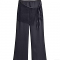 Women's Elegant Black Polyester Trousers With Lace Wrap Overlay And Satin Ribbon Tie Fashion Wide Leg Straight Long Pants For Daily Party Lady