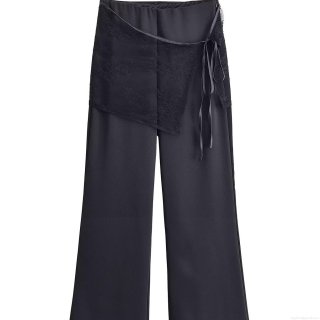 Women's Elegant Black Polyester Trousers With Lace Wrap Overlay And Satin Ribbon Tie Fashion Wide Leg Straight Long Pants For Daily Party Lady