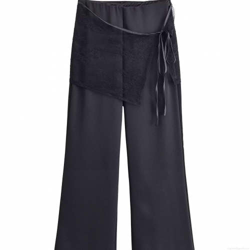Women's Elegant Black Polyester Trousers With Lace Wrap Overlay And Satin Ribbon Tie Fashion Wide Leg Straight Long Pants For Daily Party Lady