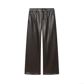 Women's Faux Leather High Waisted Straight Leg Pants Chic Dark Brown PU Trousers Casual Wide Leg Streetwear Bottoms