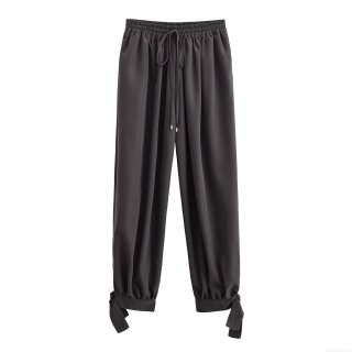 Women's Casual High Waist Lantern Pants 100% Polyester Loose Fit Bow Tie Ankle Cuffed Trousers With Drawstring Streetwear Lady
