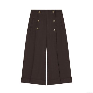 Women High Waisted Wide Leg Capri Pants Double Breasted Gold Button Cuffed Hem Casual Trousers For Office Daily Wear Elegant Thickened Polyester Straight Pants