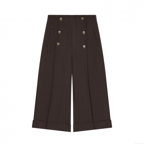 Women High Waisted Wide Leg Capri Pants Double Breasted Gold Button Cuffed Hem Casual Trousers For Office Daily Wear Elegant Thickened Polyester Straight Pants