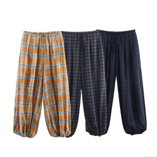 Women's Casual Plaid Joggers High Waist Elastic Drawstring Lantern Pants Loose Tapered Trousers Comfortable Polyester Bottoms For Daily Home Wear