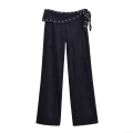 Women's High Waist Flare Pants Suede Fabric Rivet Decor Side Tie Casual Solid Color Long Trousers Chic Style Autumn Winter Bottoms