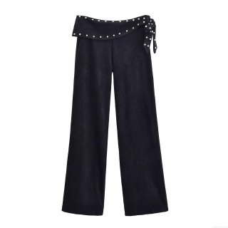 Women's High Waist Flare Pants Suede Fabric Rivet Decor Side Tie Casual Solid Color Long Trousers Chic Style Autumn Winter Bottoms