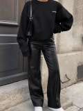 Women High Waist PU Leather Pants Wide Leg Straight Trousers Casual Autumn Winter Solid Color Loose Streetwear Synthetic Leather Long Pants