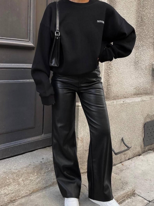 Women High Waist PU Leather Pants Wide Leg Straight Trousers Casual Autumn Winter Solid Color Loose Streetwear Synthetic Leather Long Pants