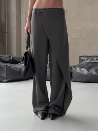 Women's Cotton Blend High Waist Wide Leg Trousers Asymmetric Wrap Front Suit Pants Minimalist Drapey Office Long Pants