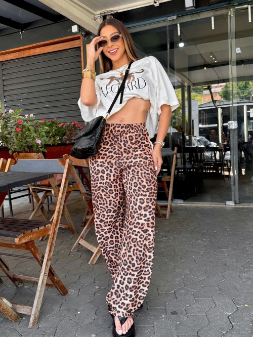 Women's Leopard Print Wide Leg Pants High Waist Side Striped Casual Loose Trousers Summer Streetwear Fashion Animal Print Bottoms