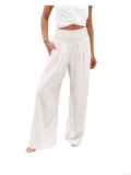 Women's Wide Leg Pants Cotton Linen Blend High Waist Elastic Smocked Waist Casual Beach Vacation Loose Flowy Solid Color Long Trousers with Pockets